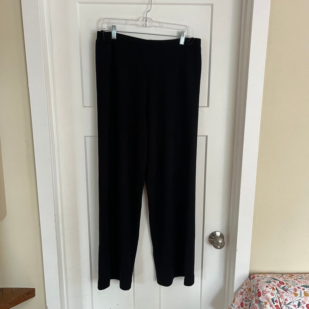 Eileen Fisher 100% Merino Wool L Knit Pants Black Wide Leg Pull-on Lux